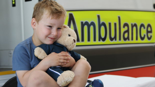 Thomas at Tuesday's reunion with the paramedics who treated him.