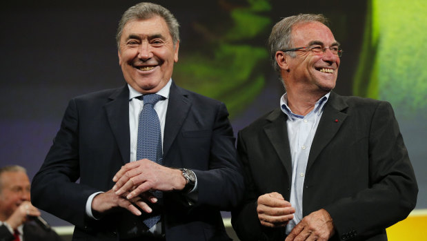 Five-time Tour winners Eddy Merckx (left) and Bernard Hinault at the announcement of the 2019 route.