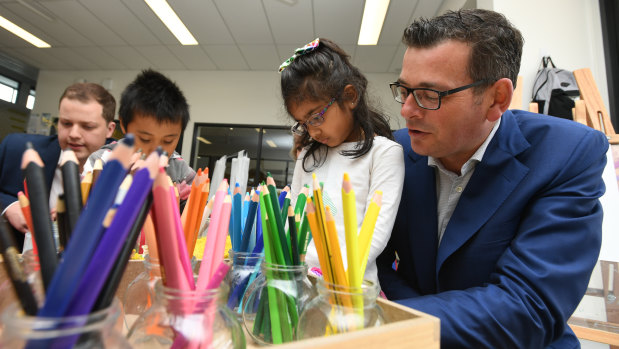 Daniel Andrews with students at the Bridgewater Intergrated Child and Family Centre on November 7.