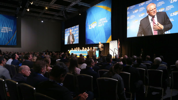 LNP members listen as Prime Minister Scott Morrison speaks during the LNP annual convention in Brisbane on Saturday.