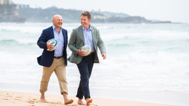 Interim Rugby Australia boss Rob Clarke (left) and New Zealand Rugby chief executive Mark Robinson at Manly on Friday. 