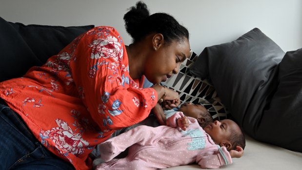 Lobaba Idris with her six-week-old twins Zayn and Layla Badri at their home in Roseville. 