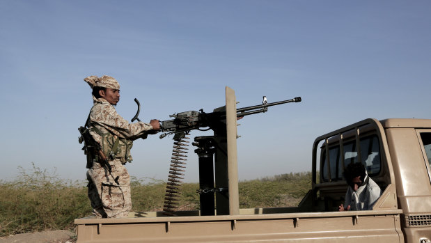 Saudi-backed forces patrol in Hodeida, Yemen, in February.