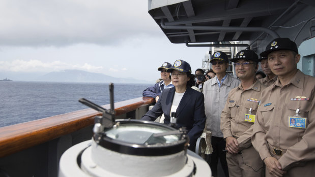 Taiwan's President Tsai Ing-wen, second from left, inspects on a Kidd-class destroyer during a navy exercise in the northeastern port of Su'ao in Yilan County, Taiwan in April.