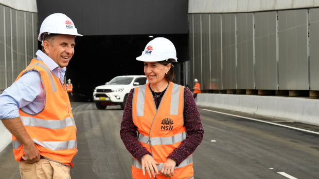 Roads Minister Andrew Constance and Premier Gladys Berejiklian inspect the M4 East tunnels in April.