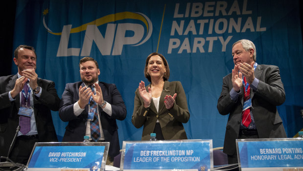 (From left) Queensland LNP President Gary Spence, Queensland LNP Vice-President David Hutchinson, Queensland LNP leader Deb Frecklington and Queensland LNP Honorary Legal Adviser Bernard Ponting at the Queensland LNP (Liberal National Party) State convention earlier this year.