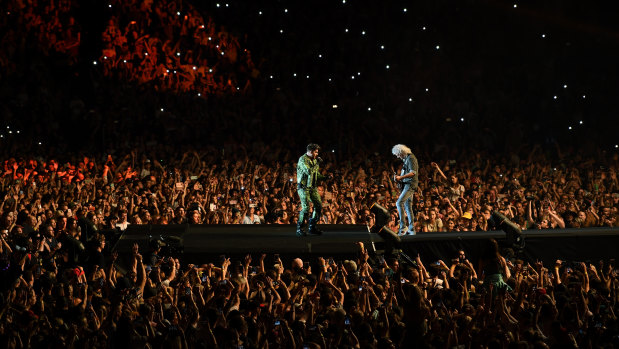 Brian May (right) and Adam Lambert of Queen performed to a crowd of 75,000 at Fire Fight on Sunday.