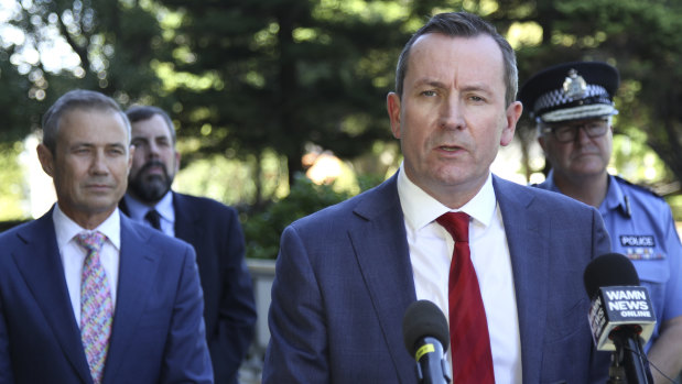 WA Premier Mark McGowan at a media conference with Health Minister Roger Cook and Police Commissioner Chris Dawson.