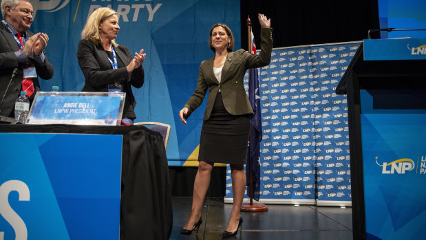 Queensland LNP leader Deb Frecklington (right) at the party's state convention at the Royal International Convention Centre in Brisbane on Sunday. 