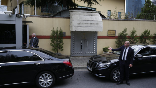 Security guards stand outside the Saudi Arabia's consulate in Istanbul, on Tuesday.