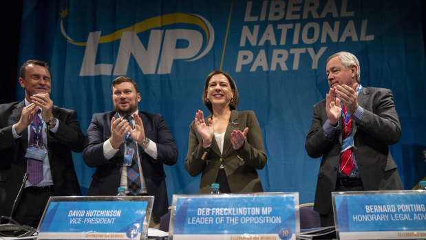 (From left) Queensland LNP President Gary Spence, Queensland LNP Vice-President David Hutchinson, Queensland LNP leader Deb Frecklington and Queensland LNP Honorary Legal Adviser Bernard Ponting at the Queensland LNP (Liberal National Party) State convention on Sunday.