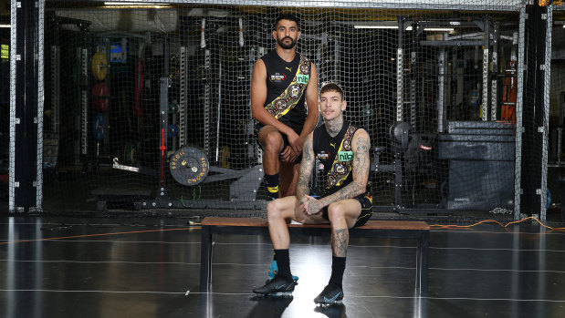 Marlion Pickett and Matt Parker proudly wearing Richmond’s 2022 Dreamtime guernsey.