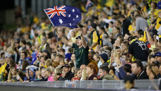 A strong Newcastle crowd cheers on Australia against Chile.