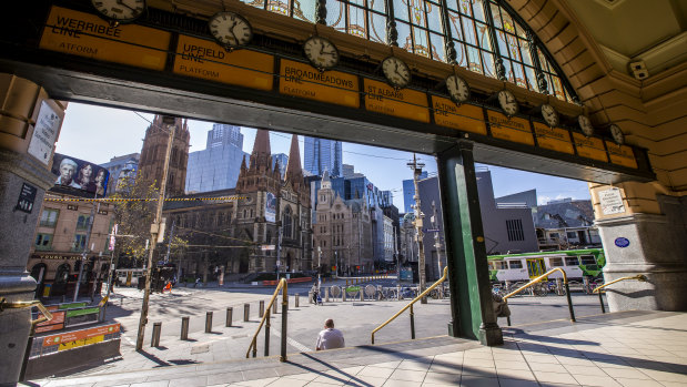 Pedestrian numbers near Flinders St hit a record lockdown low on Thursday.