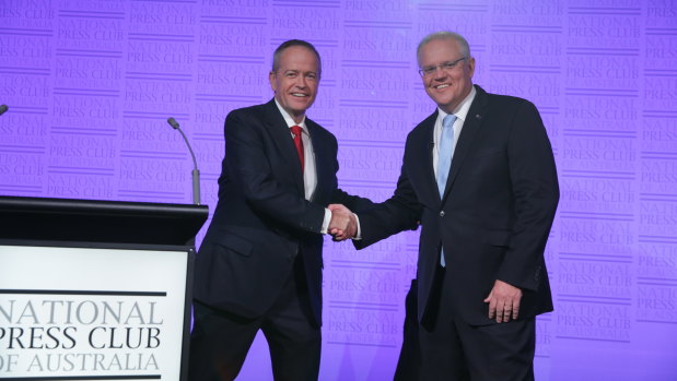 Leaders' debate with Prime Minister Scott Morrison and Opposition Leader Bill Shorten during the 2019 election campaign, at the National Press Club of Australia in Canberra on Wednesday 8 May 2019.