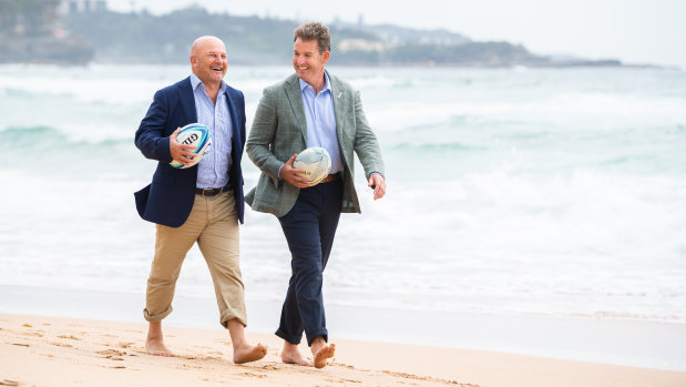 Former Rugby Australia boss Rob Clarke (left) and New Zealand Rugby chief executive Mark Robinson at the end of 2020. 