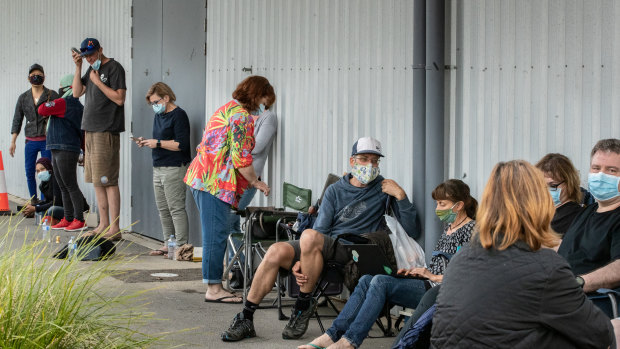 Queues at the testing facility at Shepparton Showgrounds on Thursday.