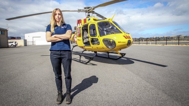 Westpac lifesaver rescue helicopter service crew member Kate Bonner at the North Fremantle base.