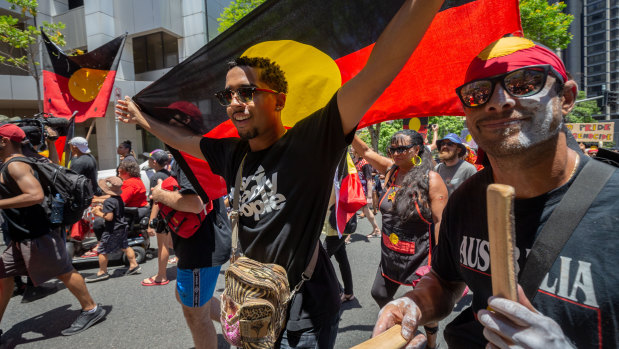Indigenous protesters are seen during the Australia Day celebrations in Brisbane last year. 