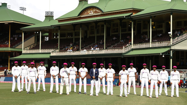 The Indian team wear McGrath Foundation Pink Caps during the Sydney Test.
