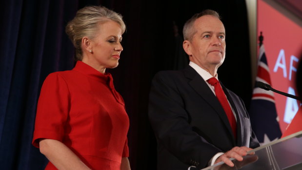 Bill Shorten, with wife Chloe, concedes election defeat on May 18.