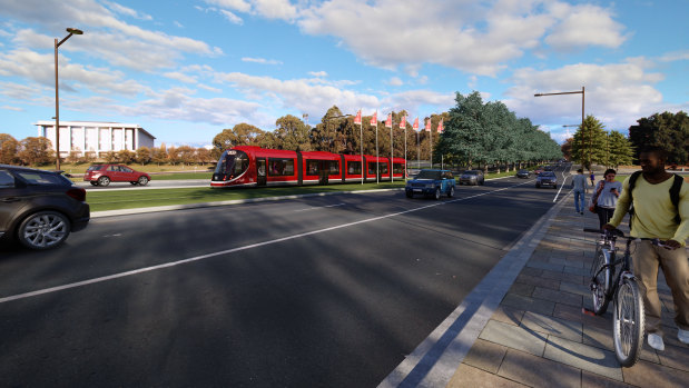 An artist's impression of light rail travelling over Commonwealth Bridge.  Light rail could go via State Circle to Woden instead of Barton.  