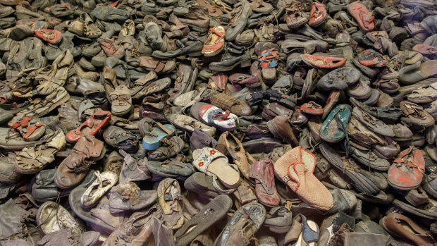 Pile of shoes from the victims of the Holocaust at Auschwitz-Birkenau. 