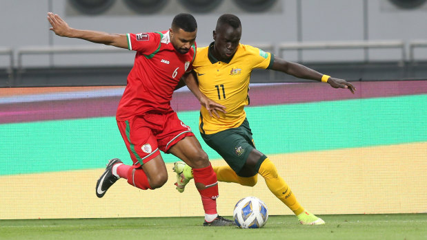 Awer Mabil, right, took just nine minutes to score Australia’s first goal in Qatar.