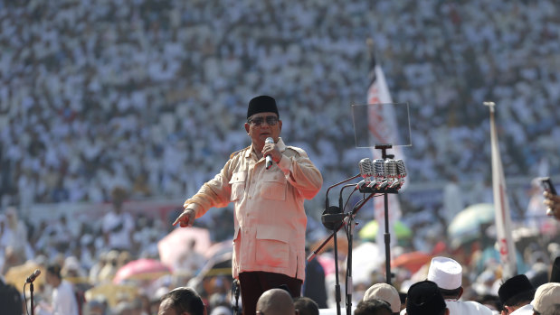 Prabowo Subianto speaks at the Gelora Bung Karno Stadium on April 7.