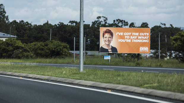 Pauline Hanson's billboards scatter the Bruce Highway in Central Queensland.