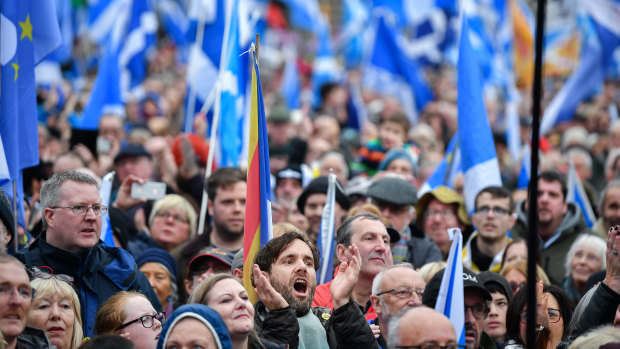 Independence supporters gather at rally in George Square in Glasgow, Scotland.