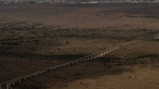 An unfinished stretch of the Standard Gauge Railway, a Chinese-built railroad between Nairobi and Mombasa, in Kenya. 