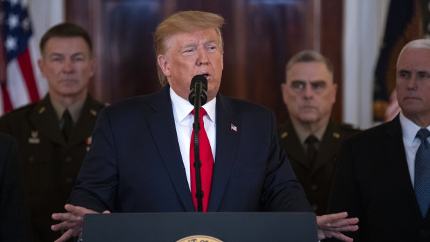 US President Donald Trump addresses the nation from the White House on the missile strike Iran launched against Iraqi air bases housing US troops.