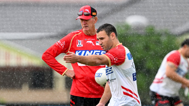 Dolphins coach Wayne Bennett and halfback Sean O’Sullivan.