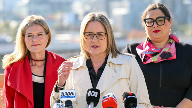Victorian Premier Jacinta Allan with Labor colleagues Sonya Kilkenny (left) and Sheena Watt in Melbourne on Monday.
