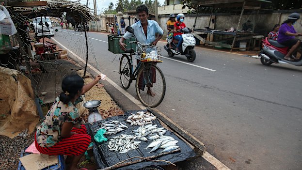 A woman sells fish by the side of the road on Sri Lanka’s central west coast.