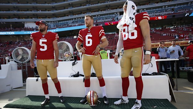Mitch Wishnowsky, centre, from Perth is playing in the Super Bowl. 