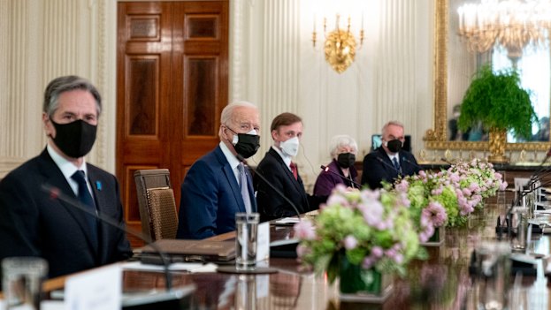 President Joe Biden in the State Dining Room of the White House in April last year with (from left) his Secretary of State Antony Blinken, National Security Adviser Jake Sullivan, Treasury Secretary Janet Yellen and Kurt Campbell, coordinator for the Indo-Pacific on the National Security Council.