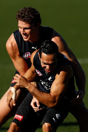 Charlie Curnow and Eddie Betts at Carlton training last month.