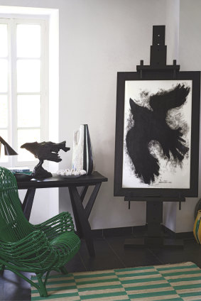 A vignette from Kate Hume's French holiday home: pairing a bronze sculpture with a charcoal sketch, both by artist Tim Bickerton.