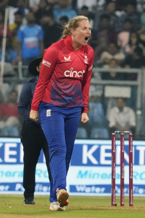 England’s Sophie Ecclestone reacts after taking a key wicket against India during their Twenty20 series.