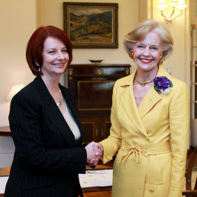 Julia Gillard, left, shakes hands with Governor General Quentin Bryce after Gillard was sworn in as prime minister at Government House in Canberra, Australia, Thursday, June 24, 2010.