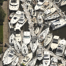 Boats are stacked on top of each other in the Southport Marina in Southport N.C.