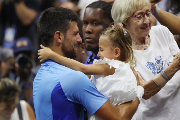 Novak Djokovic celebrates his US Open win with daughter Tara.
