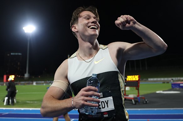 Kennedy celebrates after his national 100m title.