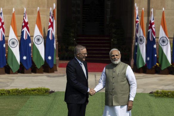 Prime Minister Anthony Albanese and Indian counterpart Narendra Modi in March. The Indian leader arrived in Australia on Monday.