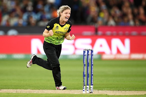 Nicola Carey celebrates after taking a wicket.