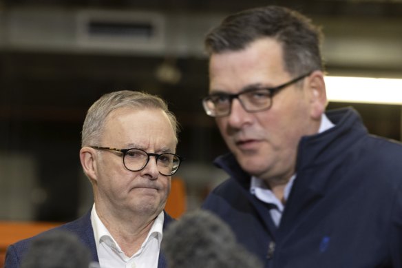 Federal Opposition Leader Anthony Albanese and Victorian Premier Daniel Andrews addressing the media yesterday.