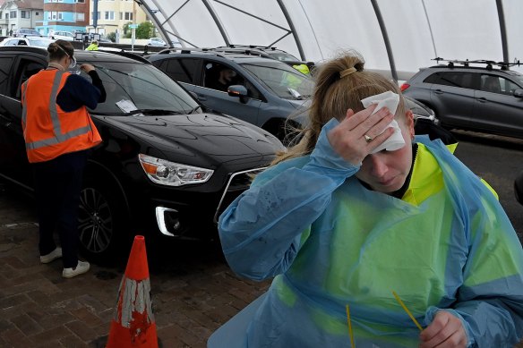 Registered nurse Emma Birrell hard at work at the Bondi Beach drive-through COVID-19 testing clinic