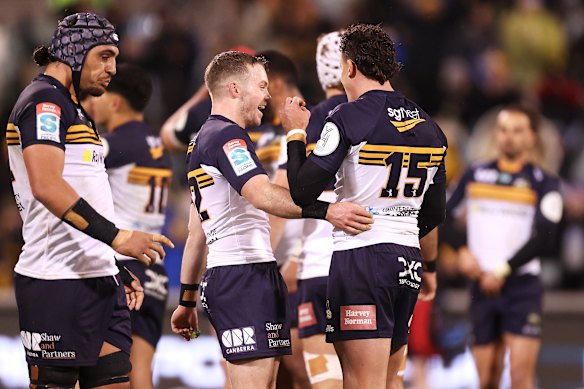 Ryan Lonergan and Tom Banks celebrate after the win.